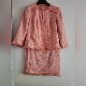 Trina Turk Set Fringe orange tweed Suit  jacket Sz 0 + Pencil skirt sz 4 Defects